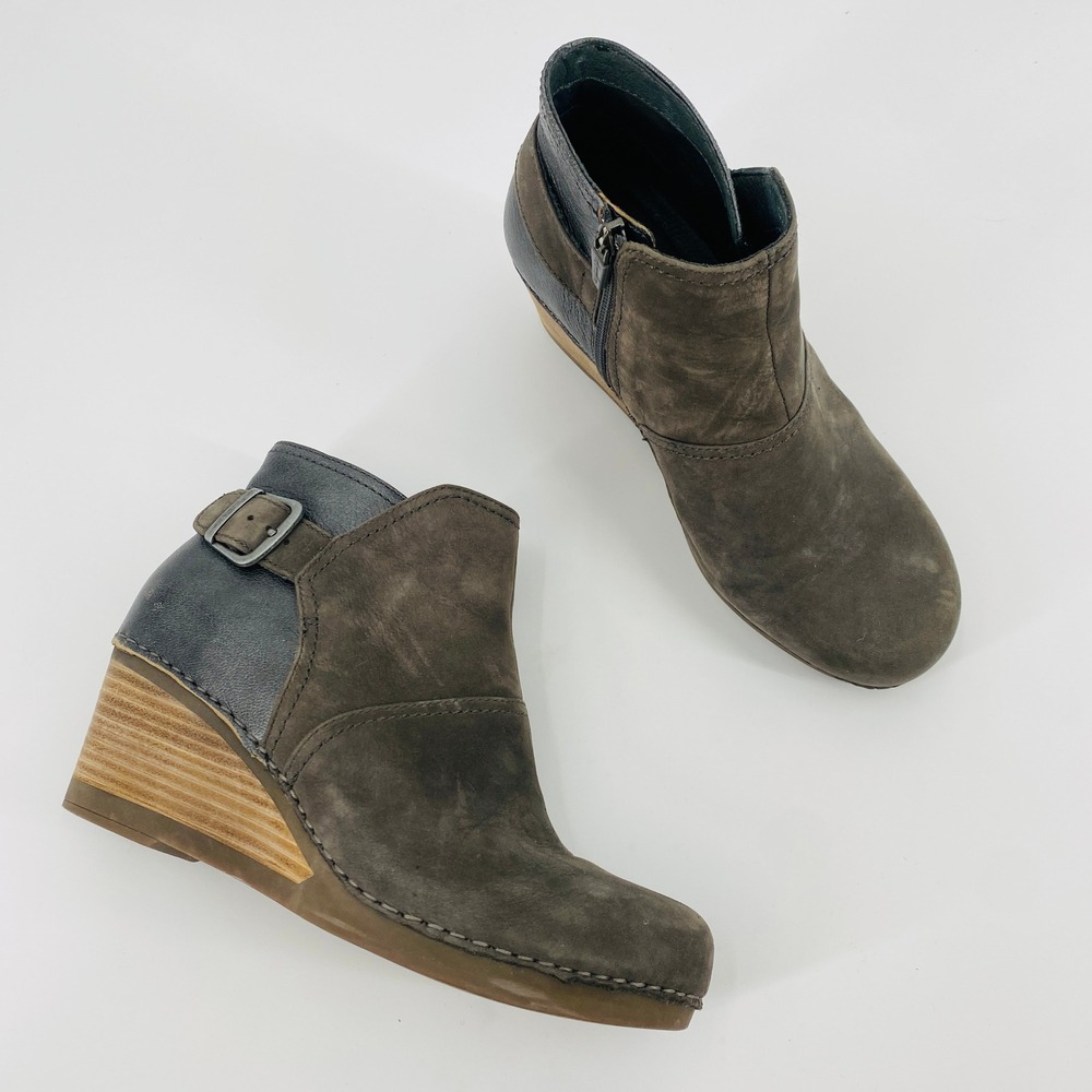 Dansko Wedge Ankle Boots Women Size 39 Brown Leather Suede Buckle Zip‎